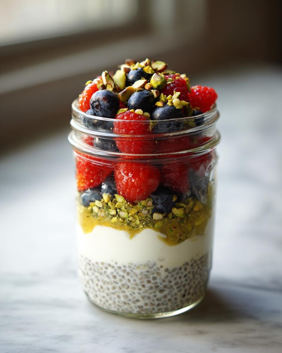 Layers of an Irresistible Overnight Chia Pistachio Parfait featuring chia pudding, yogurt, fruit, and chopped pistachios.