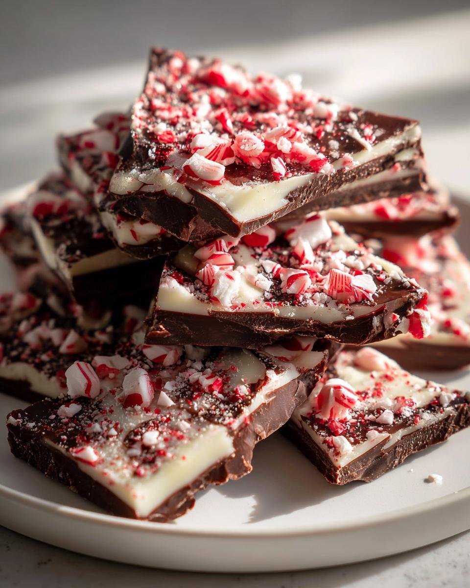 A stack of Irresistible Peppermint Chocolate Bark pieces topped with crushed candy canes on a white plate.