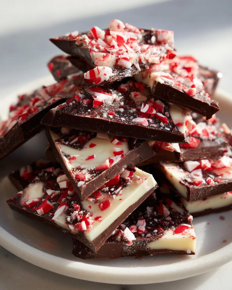 A stack of broken pieces of Irresistible Peppermint Chocolate Bark, featuring dark and white chocolate layers topped with crushed candy canes.