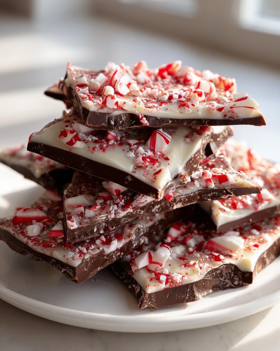 Stack of dark and white chocolate bark pieces topped with crushed candy canes for an Irresistible Peppermint Chocolate Bark Recipe.