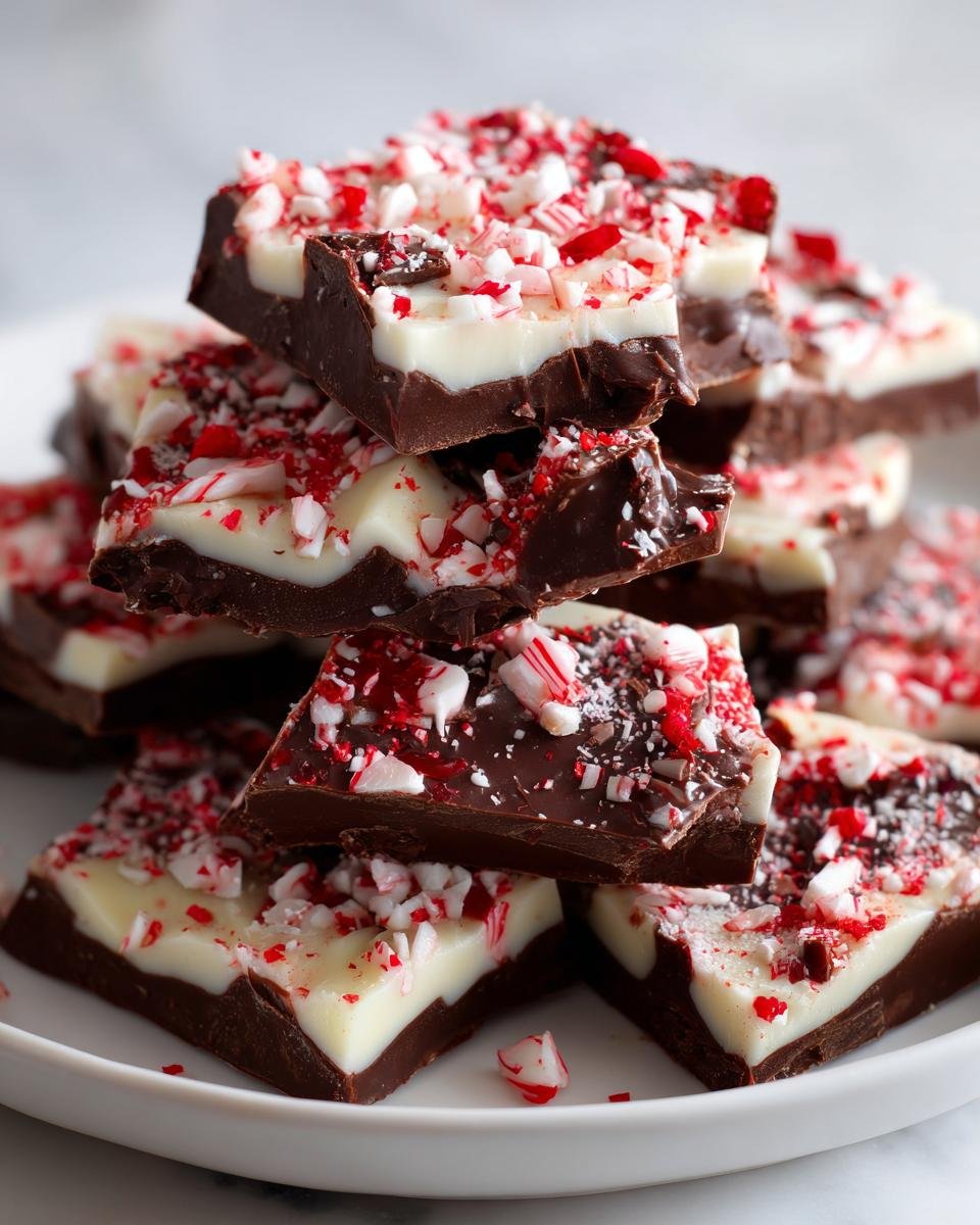Stack of Irresistible Peppermint Chocolate Bark pieces with dark chocolate, white chocolate, and crushed candy canes.