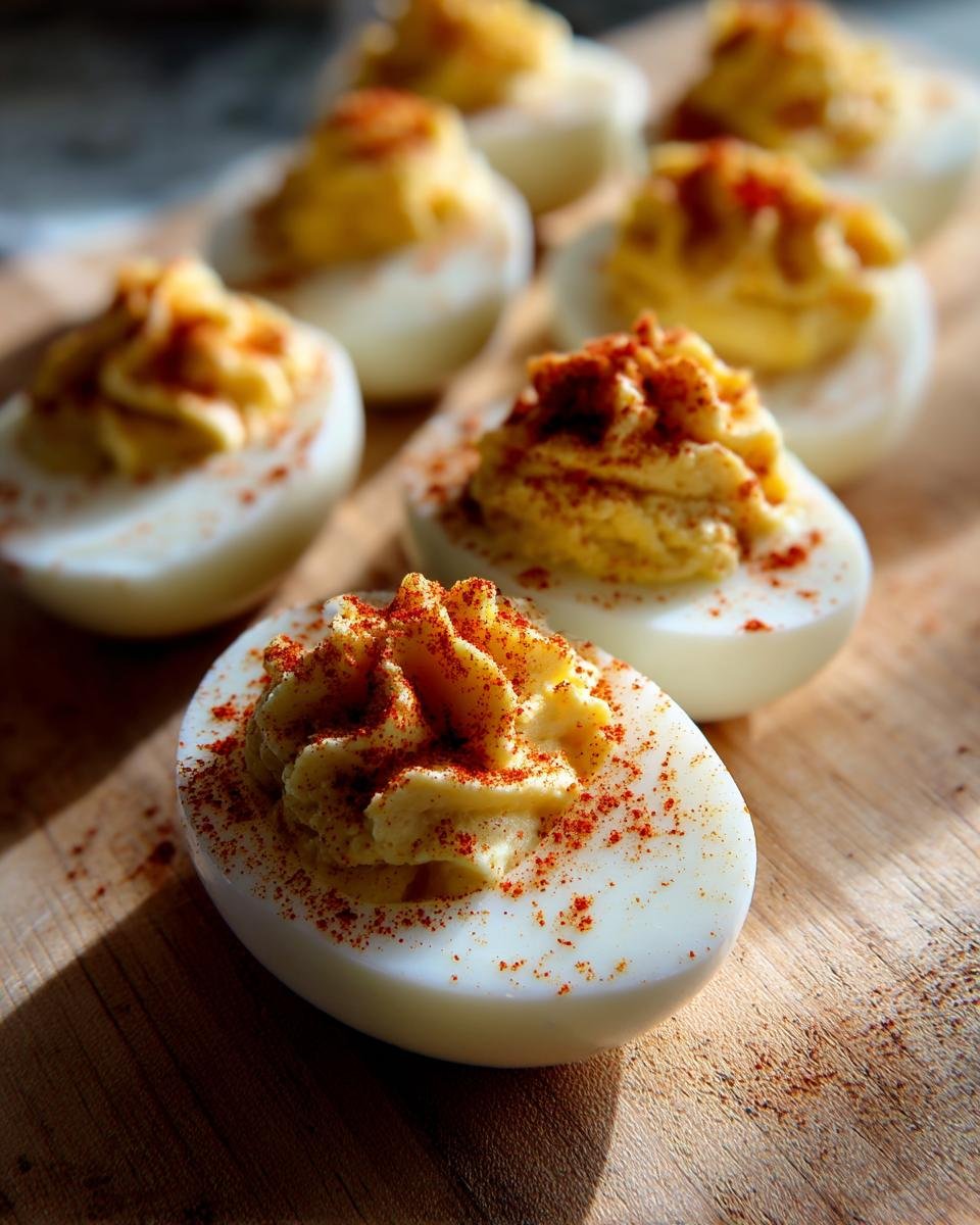 Close-up of Irresistible Pickle Brine Deviled Eggs topped with paprika on a wooden board.