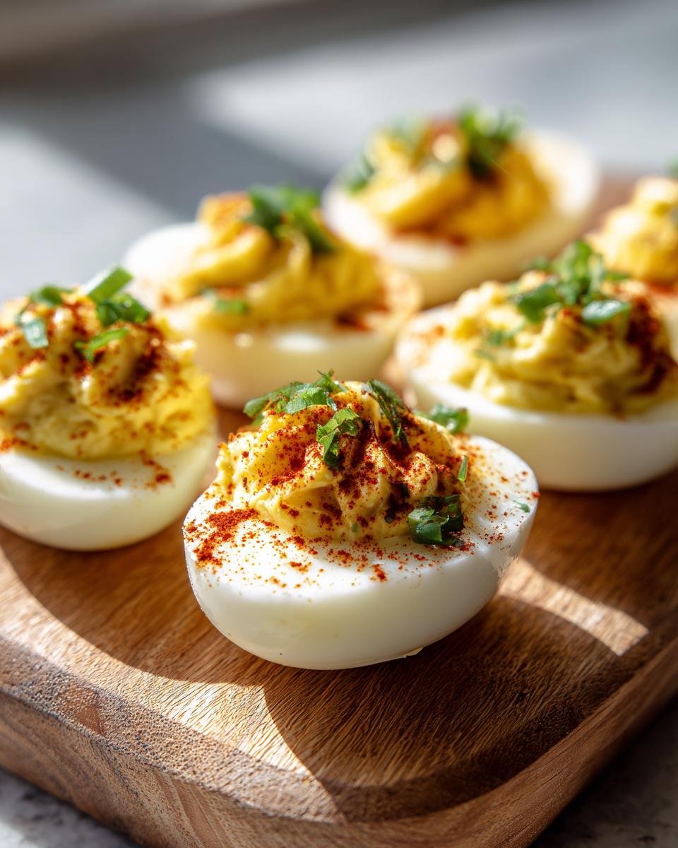 Close-up of Irresistible Pickle Brine Deviled Eggs topped with paprika and chives on a wooden board.