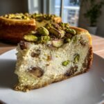 A thick slice of Irresistible Pistachio And Mushroom Cheesecake topped with whole pistachios on a white plate.