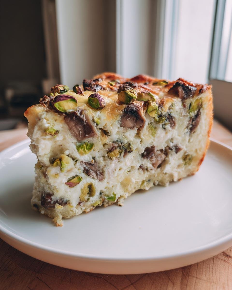 A thick slice of savory Irresistible Pistachio And Mushroom Cheesecake topped with whole pistachios.