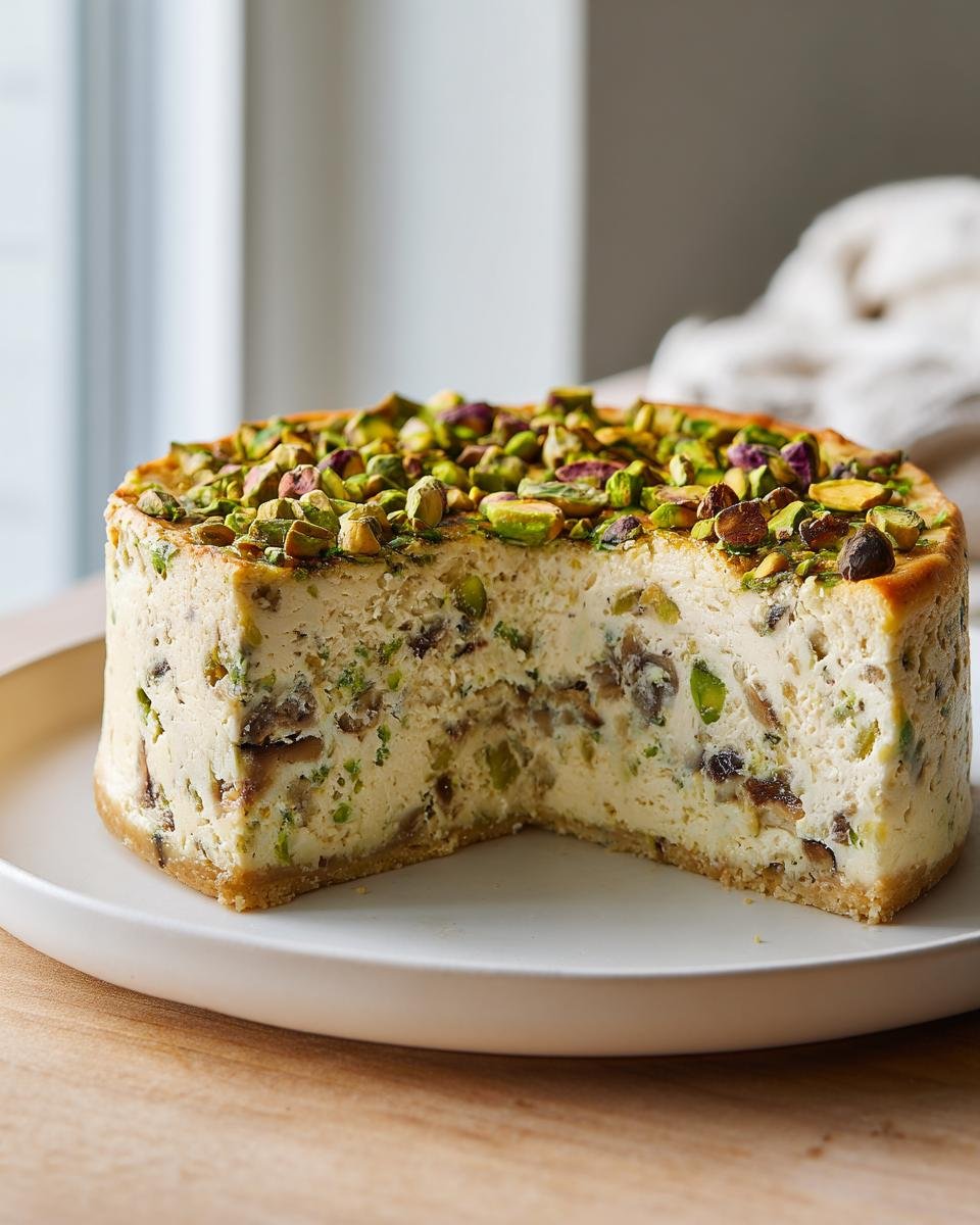 A whole Irresistible Pistachio And Mushroom Cheesecake with a slice removed, topped with chopped pistachios.