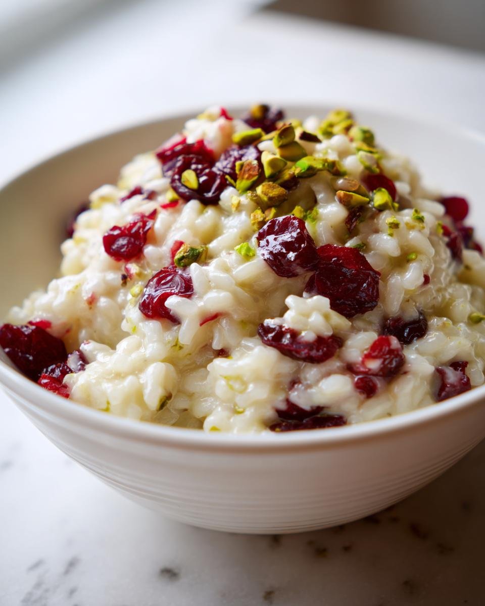 Close-up of Irresistible Pistachio Cranberry Risotto topped with dried cranberries and chopped pistachios in a white bowl.