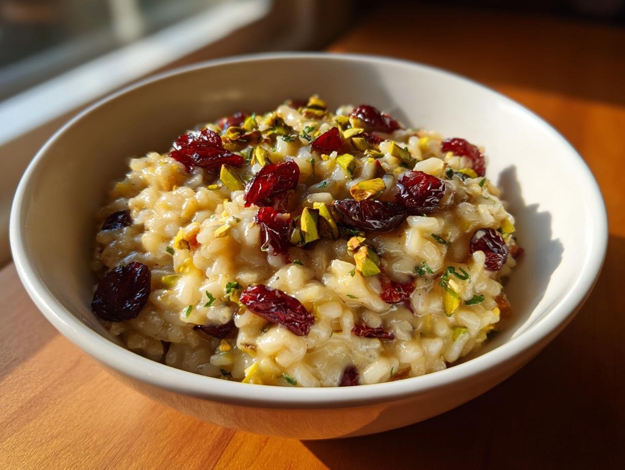 Close-up of creamy Irresistible Pistachio Cranberry Risotto topped with bright red dried cranberries and green chopped pistachios.