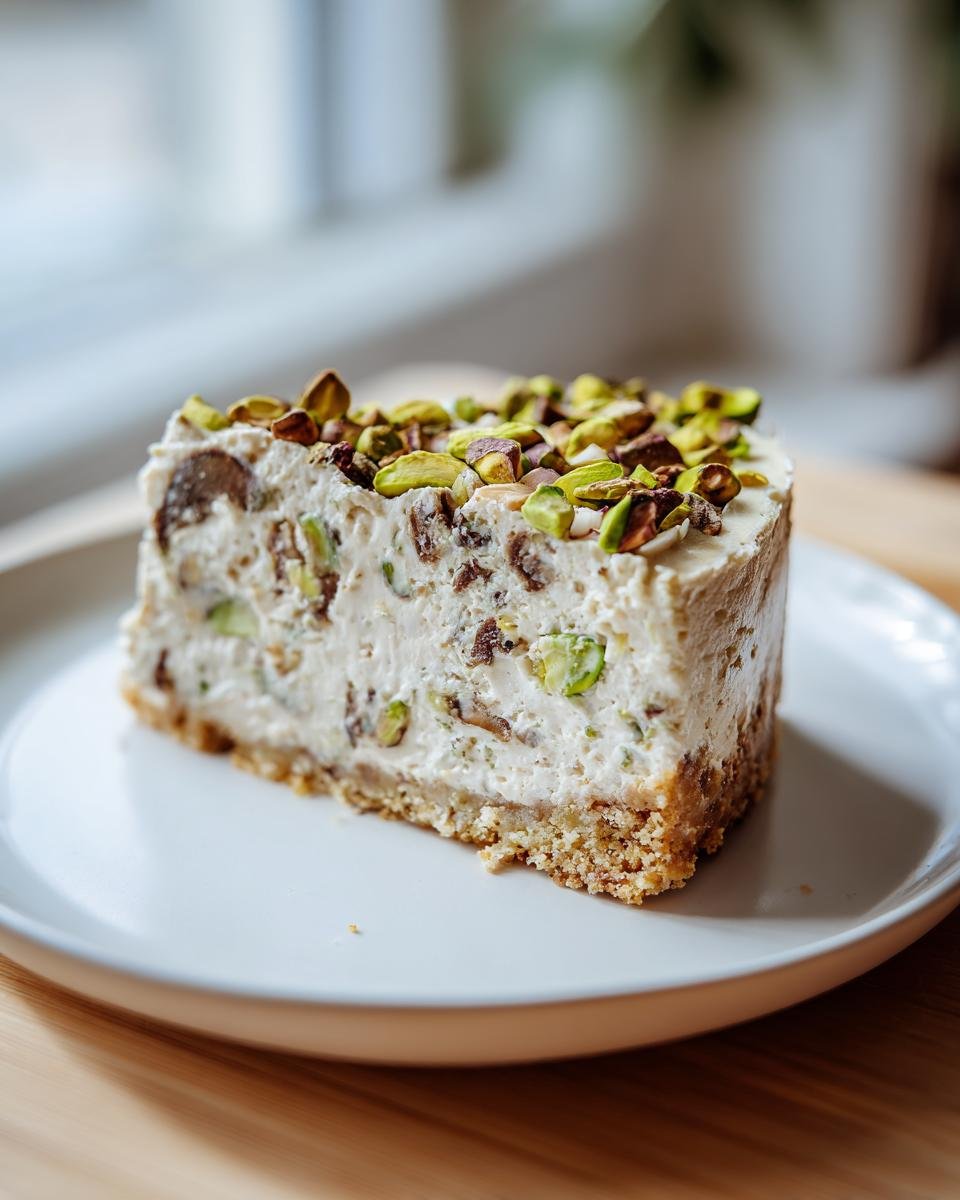 A close-up slice of Irresistible Pistachio And Mushroom Cheesecake topped with chopped pistachios.
