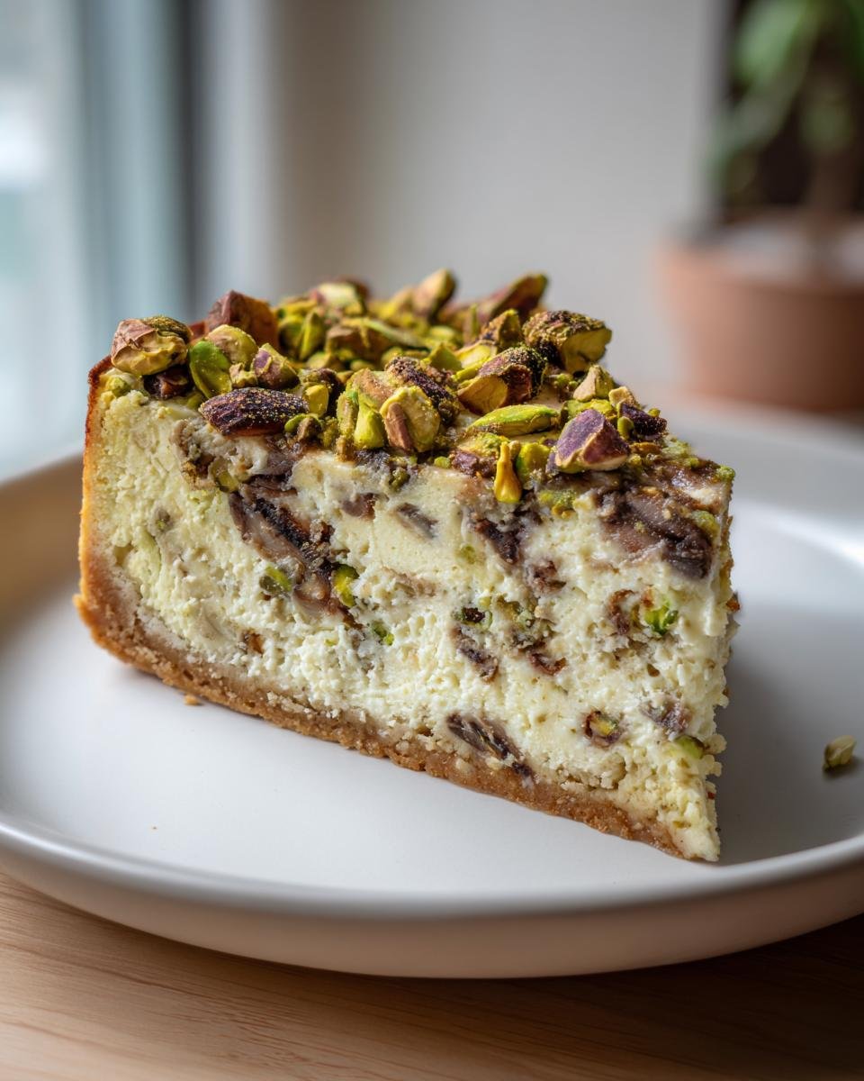 A perfect slice of Irresistible Pistachio and Mushroom Cheesecake topped with chopped pistachios on a white plate.
