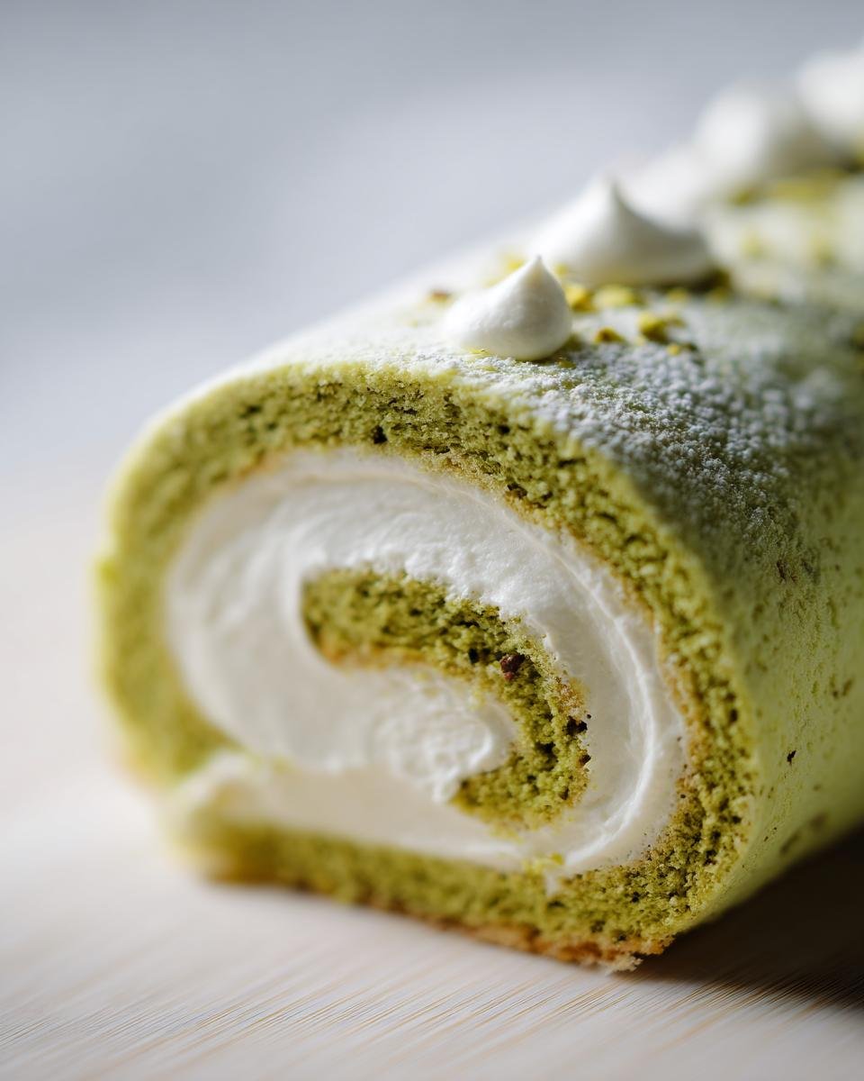 Close-up cross-section of an Irresistible Pistachio Roll Cake showing the green pistachio sponge and white cream swirl.