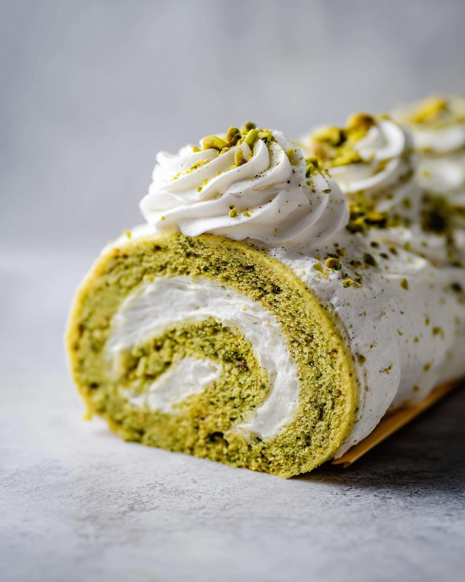 A close-up cross-section of an Irresistible Pistachio Roll Cake showing the green pistachio sponge and white cream swirl, topped with whipped cream and nuts.