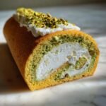 A close-up cross-section of an Irresistible Pistachio Roll Cake showing green pistachio sponge, white cream filling, and chopped pistachios on top.