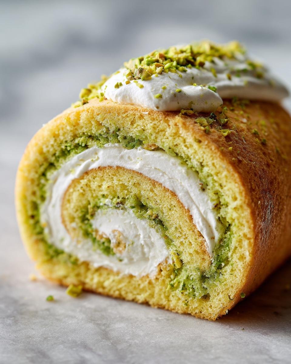 Close-up of a slice of Irresistible Pistachio Roll Cake showing the green pistachio swirl and white cream filling, topped with whipped cream and chopped nuts.