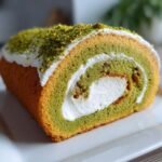 A close-up of a slice of Irresistible Pistachio Roll Cake showing green sponge, white cream filling, and crushed pistachio topping.