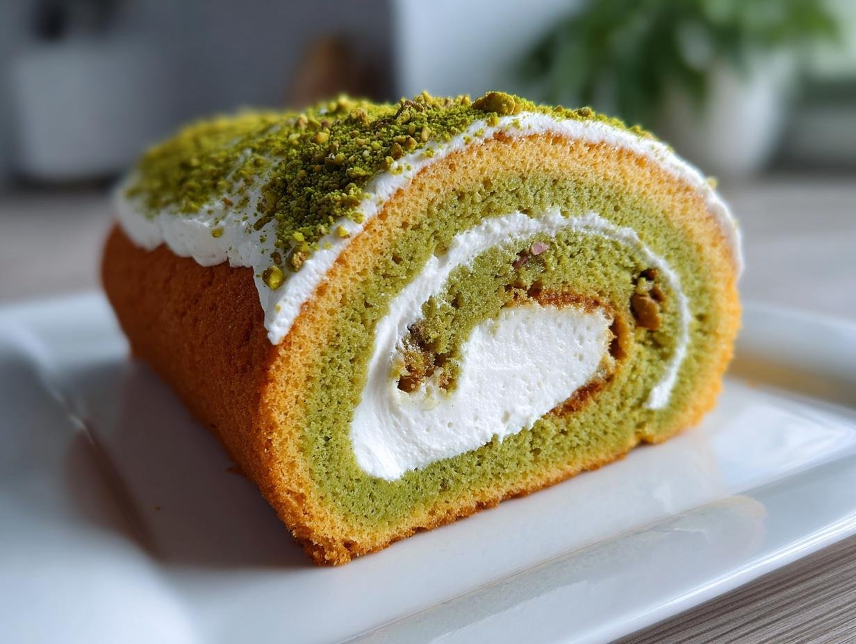 A close-up of a slice of Irresistible Pistachio Roll Cake showing green sponge, white cream filling, and crushed pistachio topping.