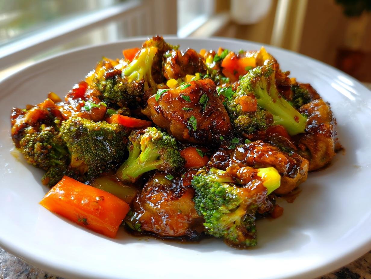Close-up of Irresistible Potsticker Stir Fry featuring glazed potstickers, bright green broccoli florets, and sliced carrots.