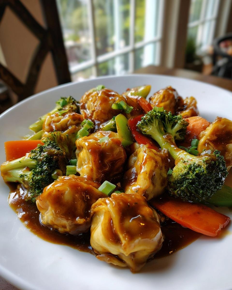 A close-up of Irresistible Potsticker Stir Fry Recipe featuring potstickers coated in brown sauce with broccoli and carrots.