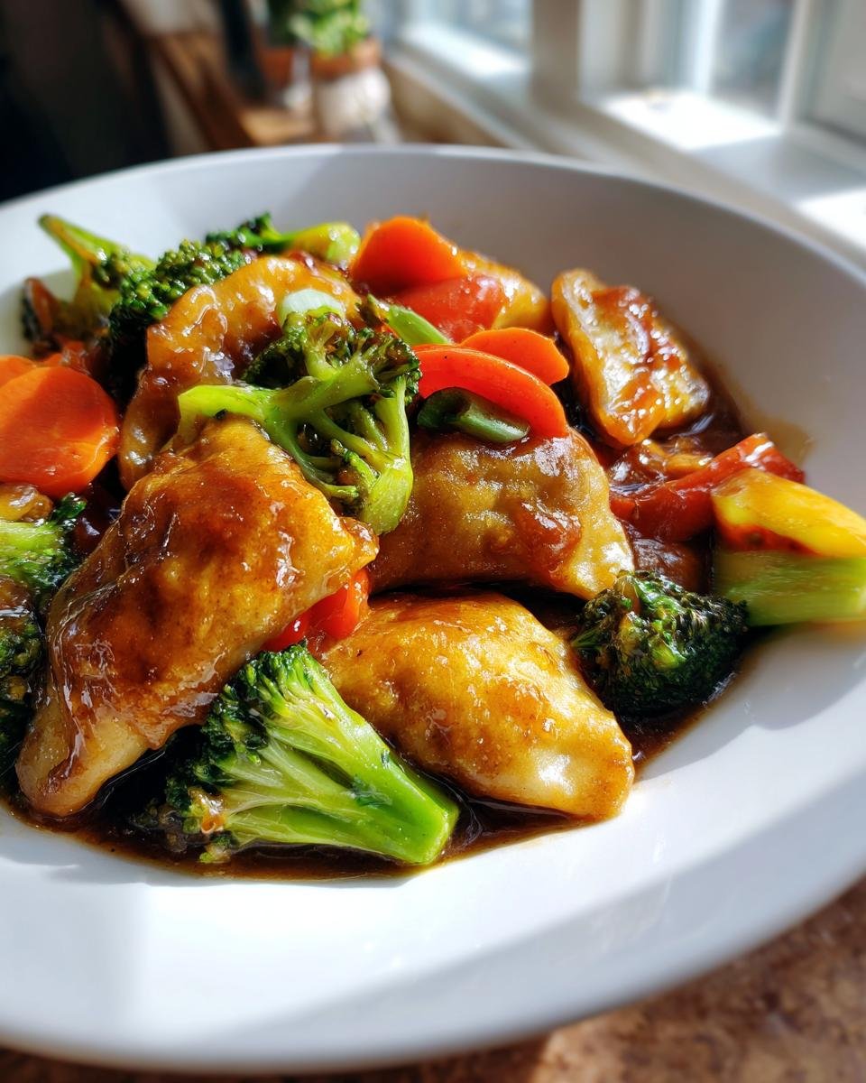 A close-up of a white bowl filled with Irresistible Potsticker Stir Fry Recipe, featuring glazed potstickers, bright green broccoli, and sliced carrots in a savory sauce.