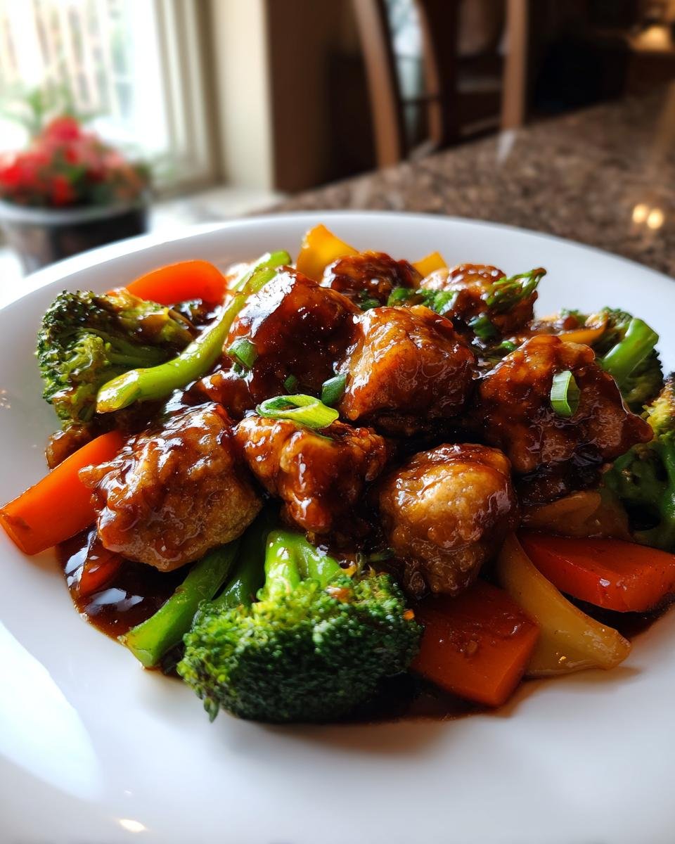 Close-up of Irresistible Potsticker Stir Fry Recipe featuring glazed potstickers, bright broccoli, carrots, and green onions.