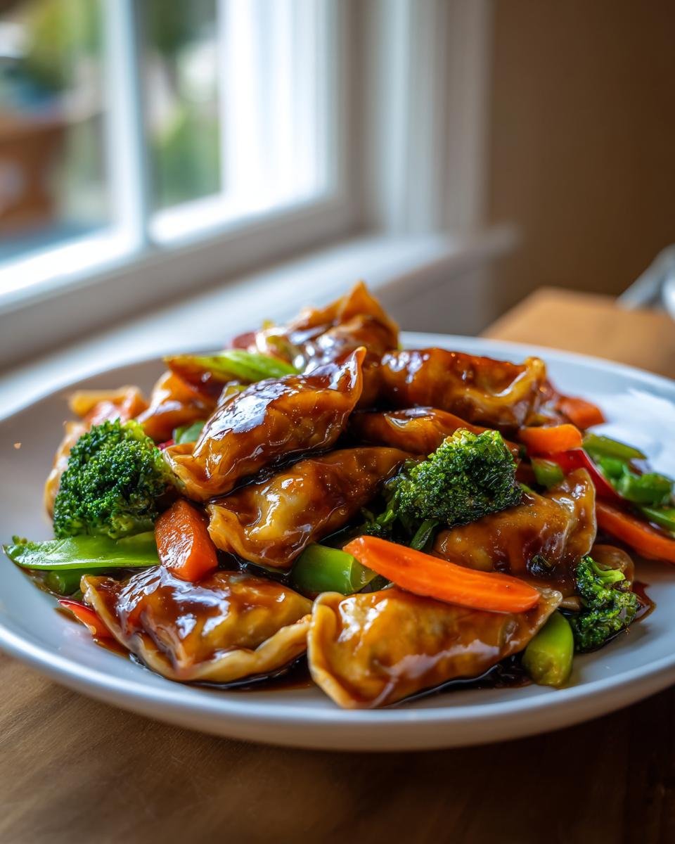A close-up of the Irresistible Potsticker Stir Fry Recipe, featuring glazed potstickers mixed with broccoli, carrots, and snap peas.