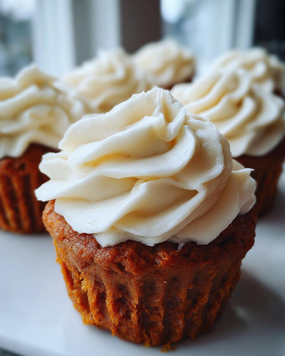 Close-up of an Irresistible Pumpkin Cupcakes with a thick swirl of cream cheese frosting on top.