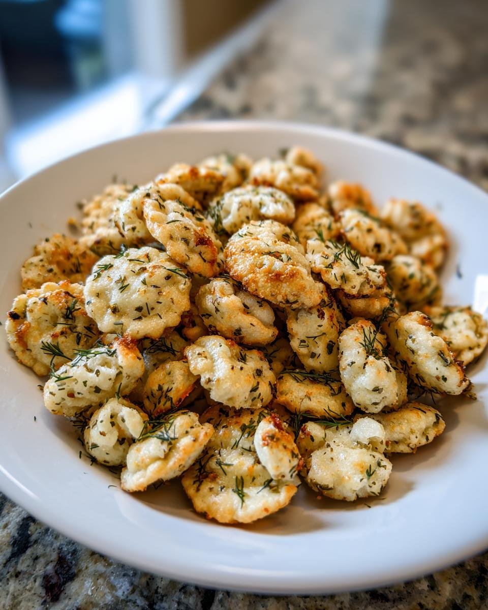 A white bowl filled with seasoned, baked Irresistible Ranch Oyster Crackers topped with green herbs.