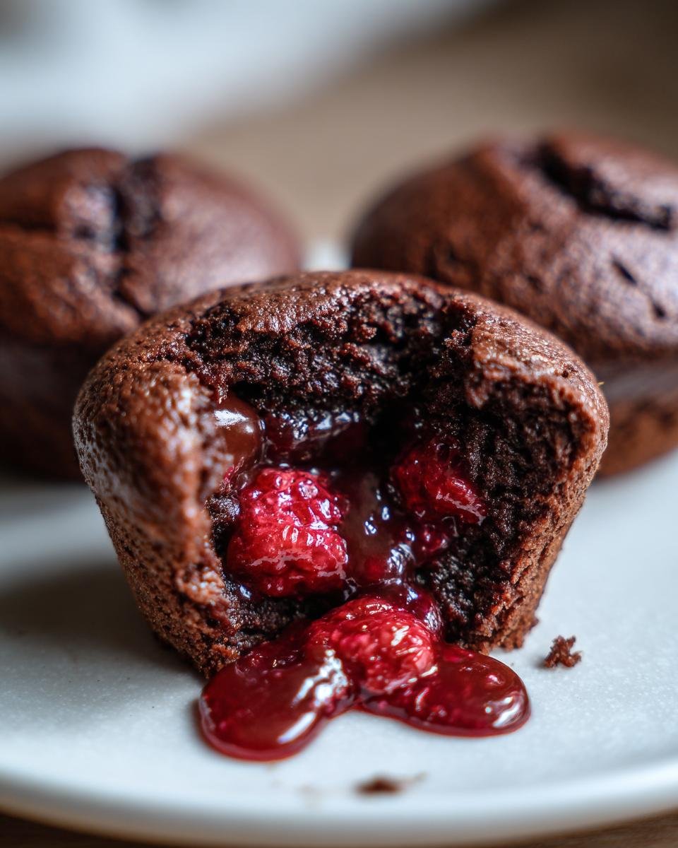 Close-up of an Irresistible Raspberry Chocolate Lava Cupcake broken open, showing molten chocolate and fresh raspberries flowing out.