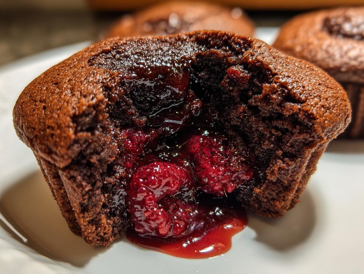 Close-up of an Irresistible Raspberry Chocolate Lava Cupcake broken open to show the molten chocolate and raspberry filling.