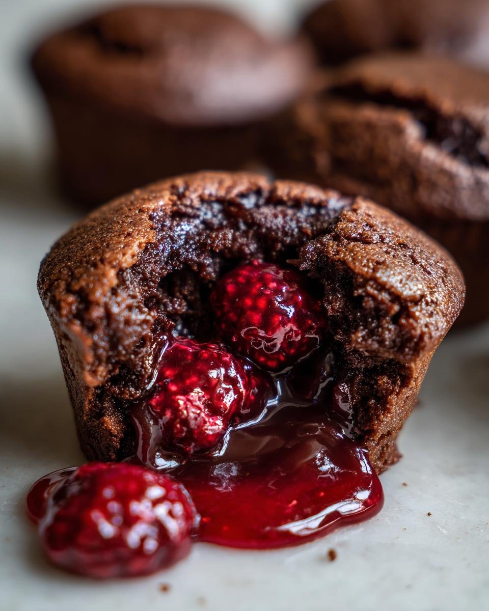 Close-up of an Irresistible Raspberry Chocolate Lava Cupcake broken open, showing molten raspberry filling oozing out.