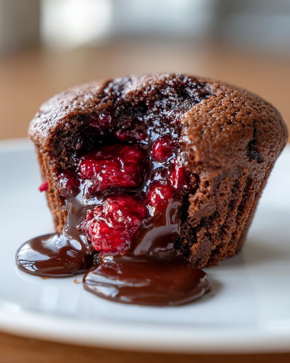 Close-up of an Irresistible Raspberry Chocolate Lava Cupcake with molten chocolate and raspberries oozing out.