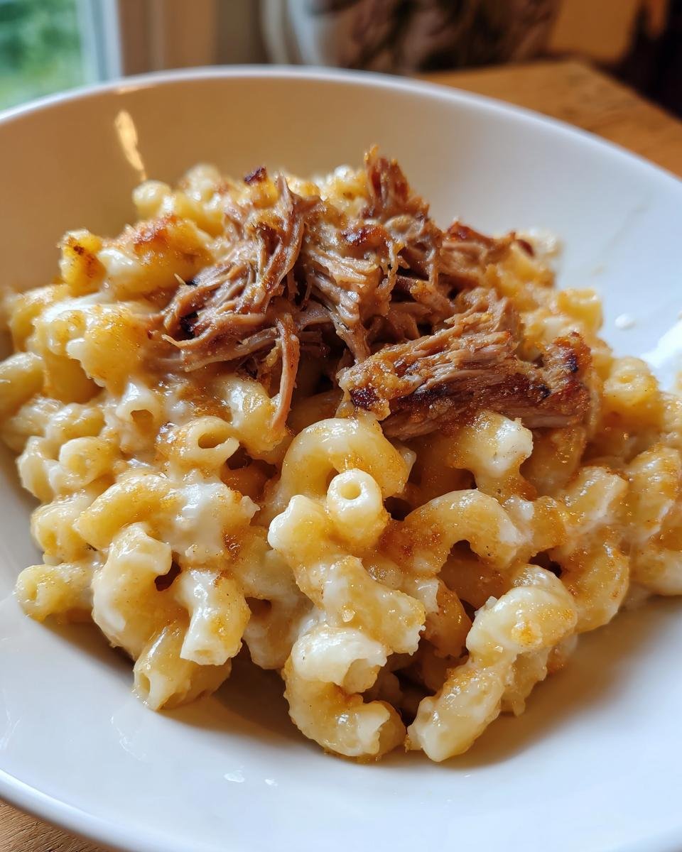 A close-up of creamy macaroni and cheese topped with shredded, smoked rib cage meat, creating an Irresistible Rib Cage Mac Cheese Comfort Food Delight.
