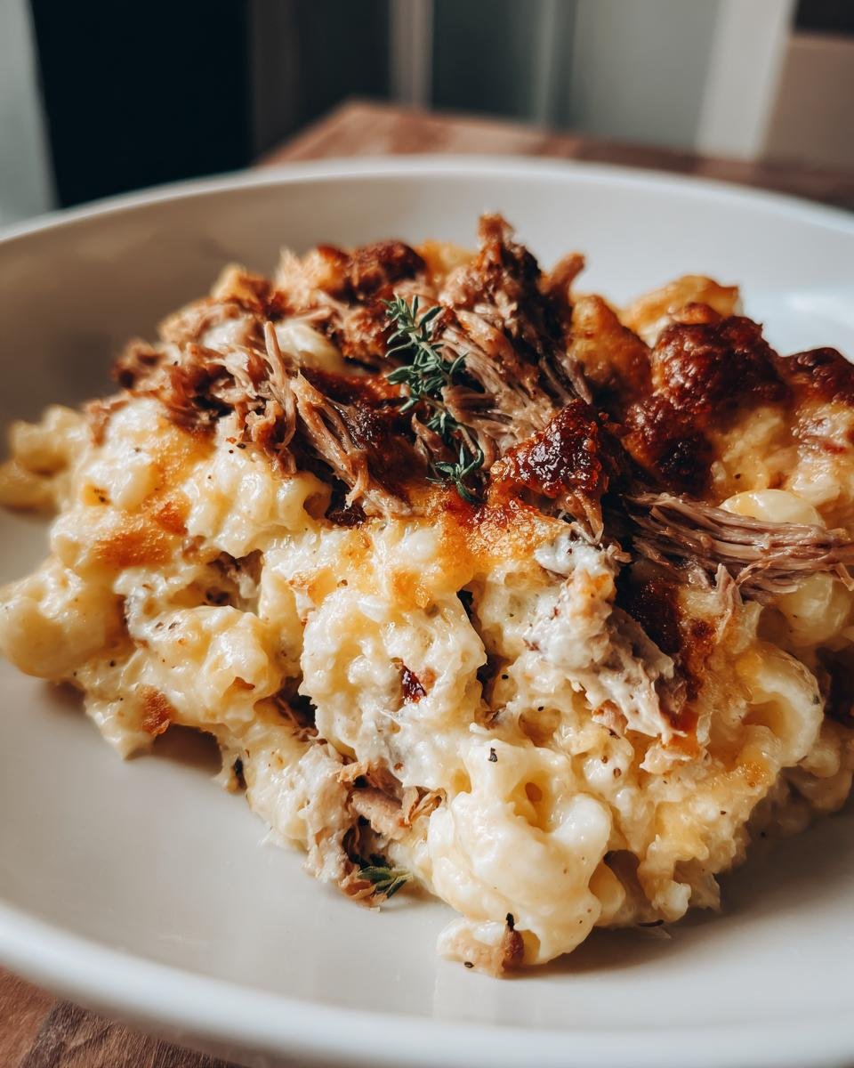Close-up of creamy macaroni and cheese topped with shredded rib cage meat and a sprig of thyme.