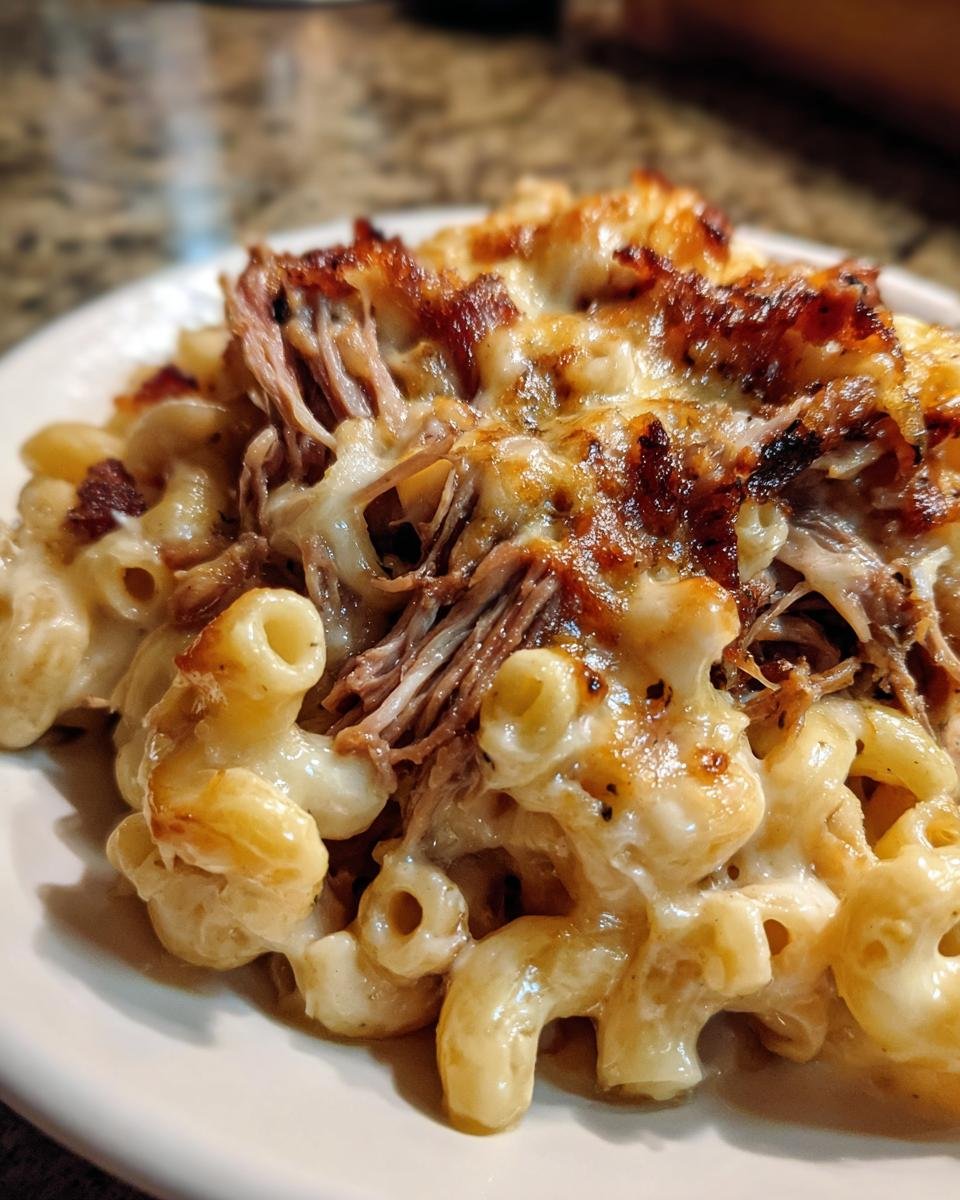 Close-up of baked macaroni and cheese topped with shredded, slow-cooked rib meat and browned cheese.