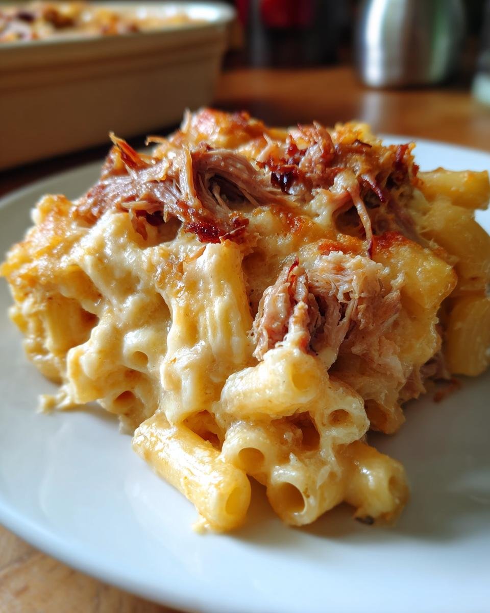 A close-up serving of Irresistible Rib Cage Mac Cheese with pulled pork topping and a baked, cheesy crust.