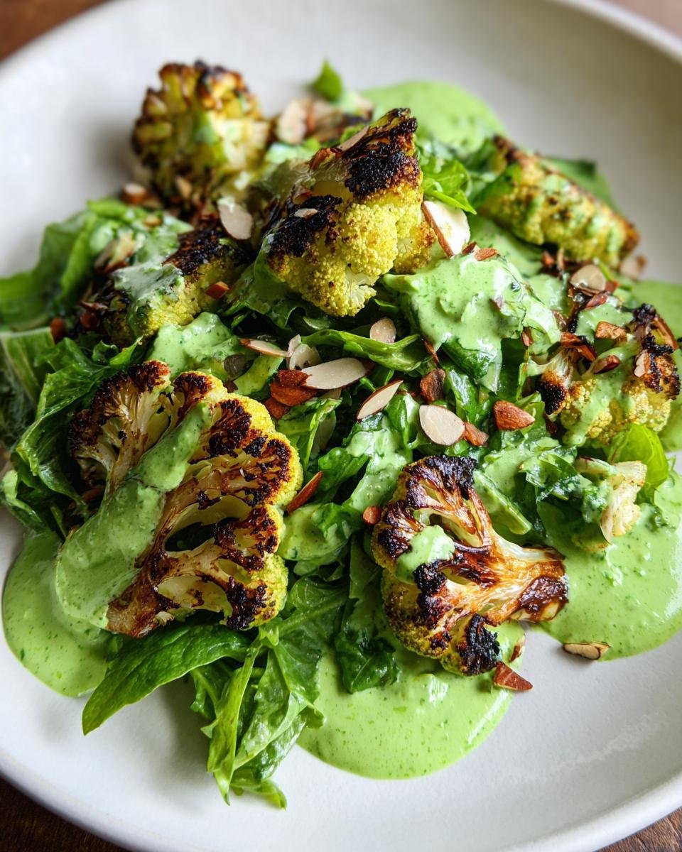 Close-up of Irresistible Roasted Cauliflower Green Goddess Salad with bright green dressing and sliced almonds.