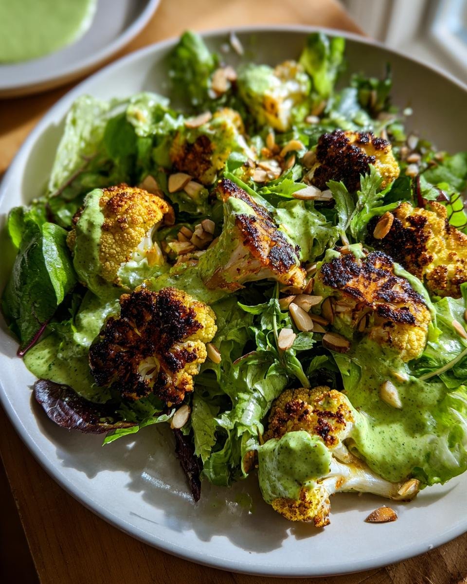 Close-up of Irresistible Roasted Cauliflower Green Goddess Salad drizzled with creamy green dressing and topped with slivered almonds.