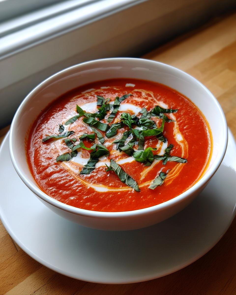 A vibrant bowl of Irresistible Roasted Tomato Basil Soup, garnished with cream swirls and fresh basil.