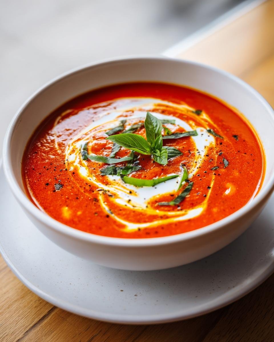 A close-up of a bowl of Irresistible Roasted Tomato Basil Soup, garnished with a swirl of cream and fresh basil leaves.