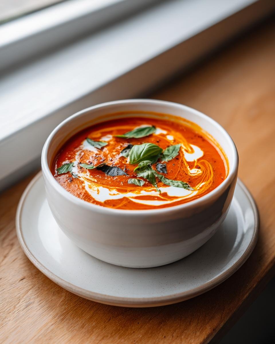 A close-up of Irresistible Roasted Tomato Basil Soup topped with fresh basil leaves and a swirl of cream.