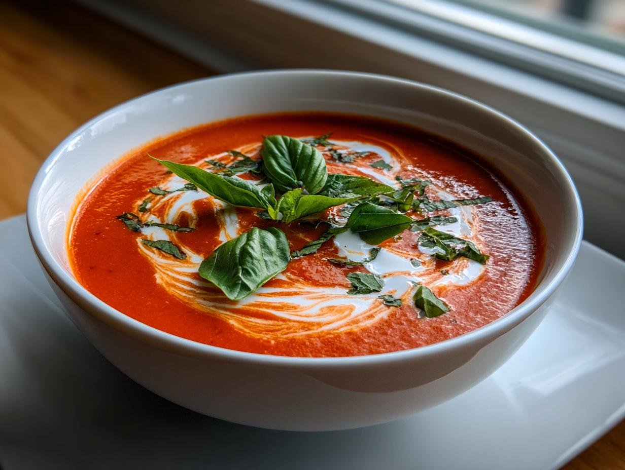 A close-up of Irresistible Roasted Tomato Basil Soup, topped with a swirl of cream and fresh basil leaves.