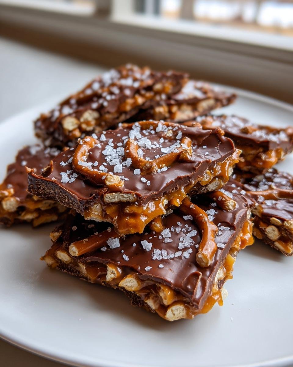 Close-up of stacked pieces of Irresistible Salted Caramel Pretzel Bark topped with sea salt.