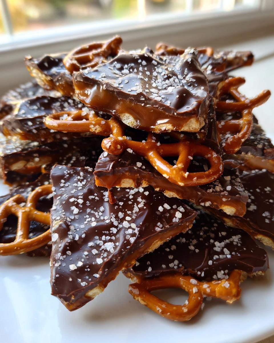 Close-up of broken pieces of Irresistible Salted Caramel Pretzel Bark topped with flaky sea salt.