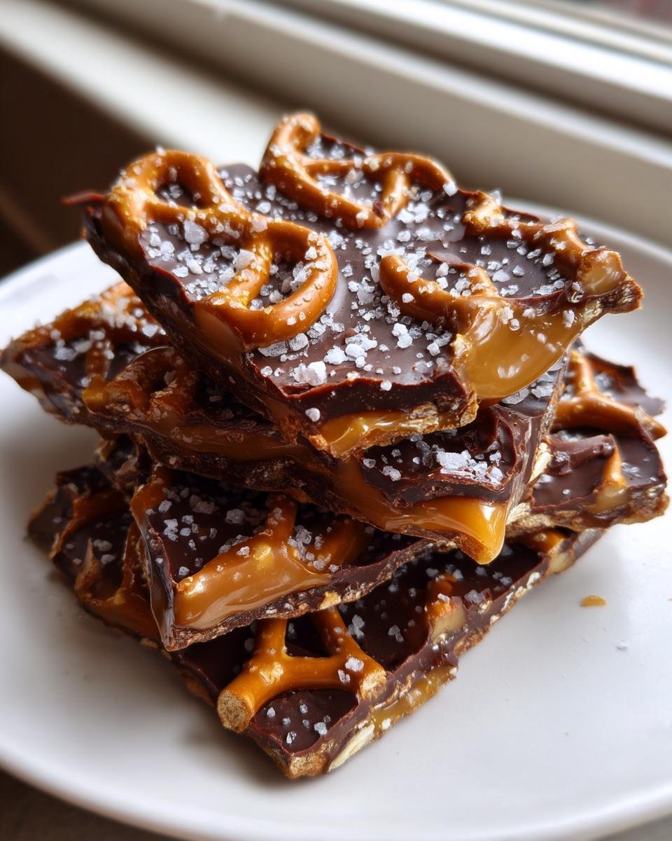 A stack of Irresistible Salted Caramel Pretzel Bark pieces topped with sea salt.