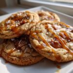 A stack of Irresistible Salted Caramel Toffee Cookies drizzled with caramel and topped with sea salt.
