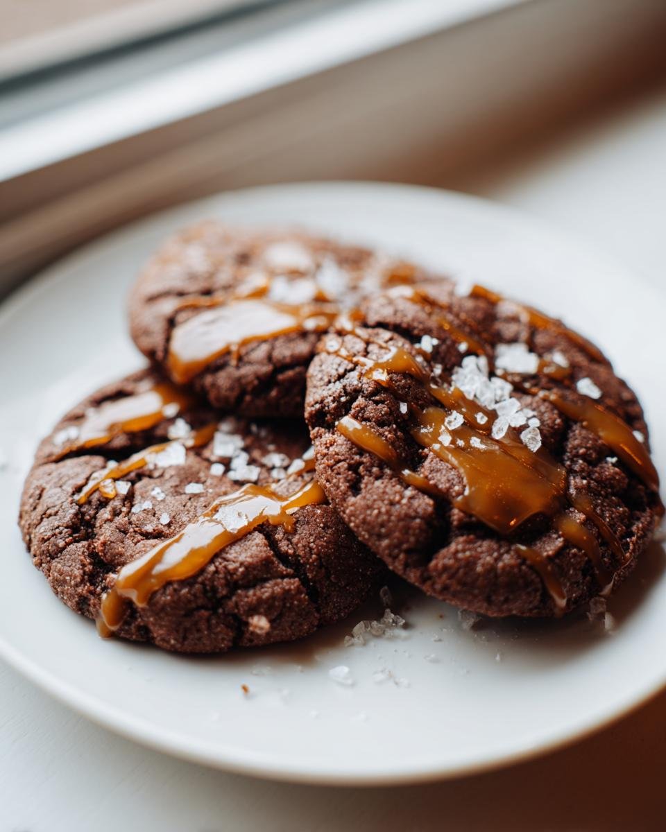 Three rich chocolate Irresistible Salted Caramel Toffee Cookies drizzled with caramel and topped with sea salt.