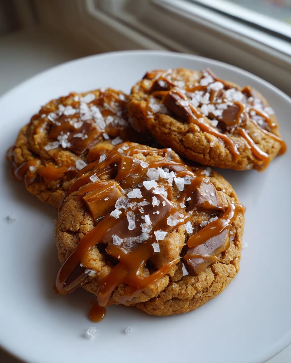 Three Irresistible Salted Caramel Toffee Cookies drizzled with caramel and topped with sea salt flakes.