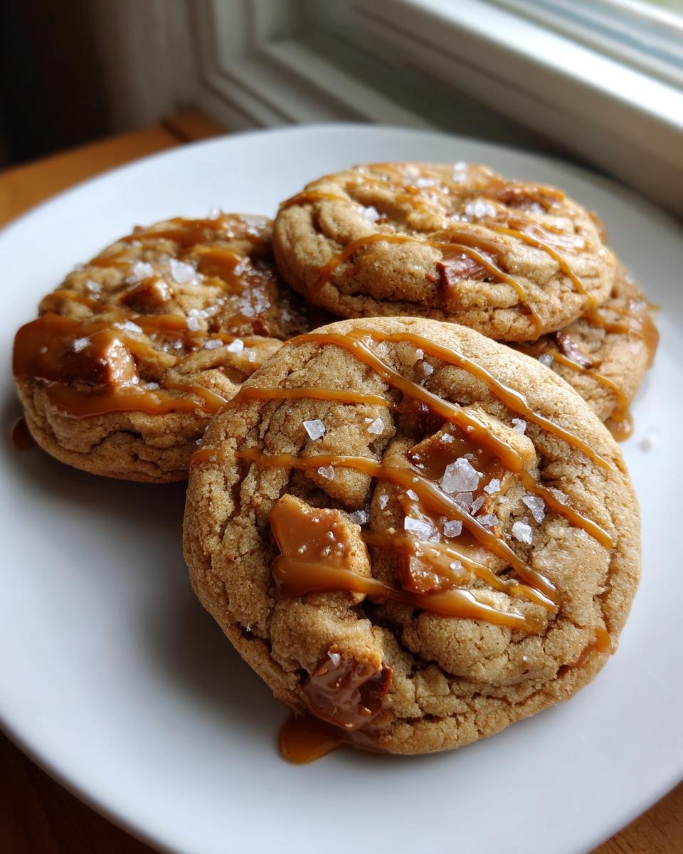 Four Irresistible Salted Caramel Toffee Cookies drizzled with caramel and topped with flaky sea salt on a white plate.