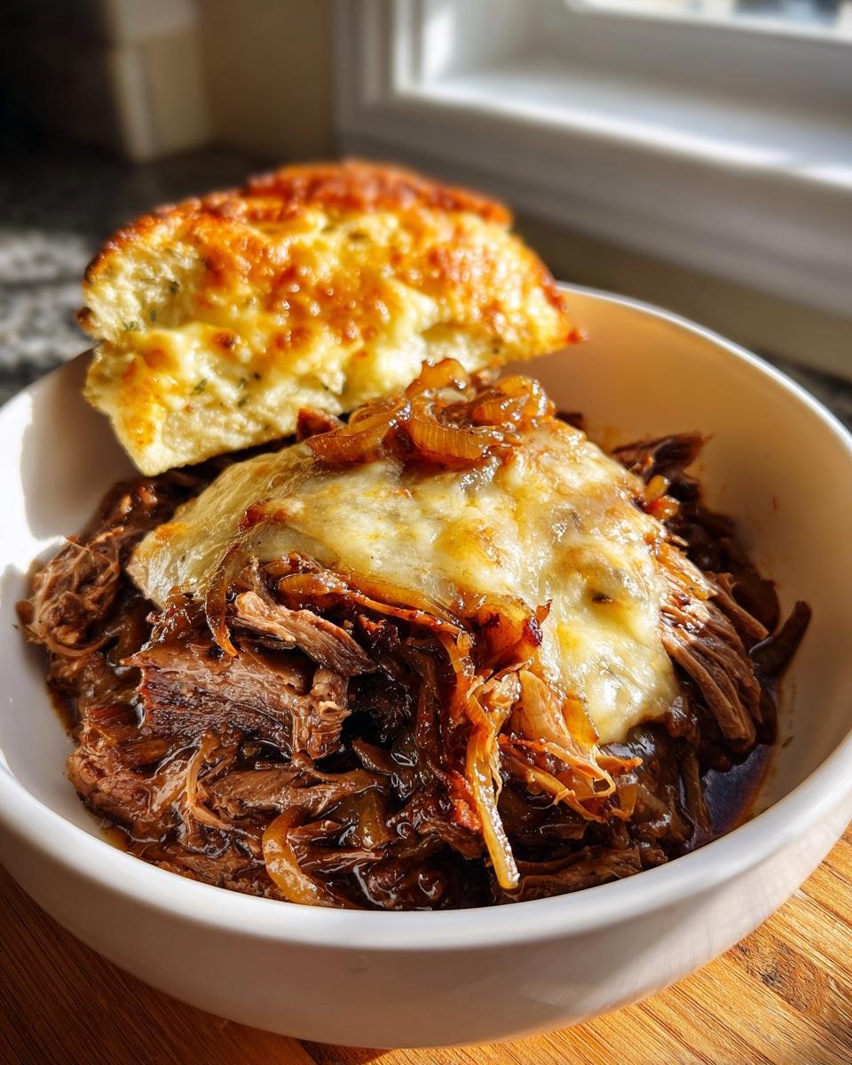 A bowl of shredded beef with caramelized onions, melted cheese, and a cheesy bread slice served alongside, featuring the Irresistible Savory French Onion Pot Roast.