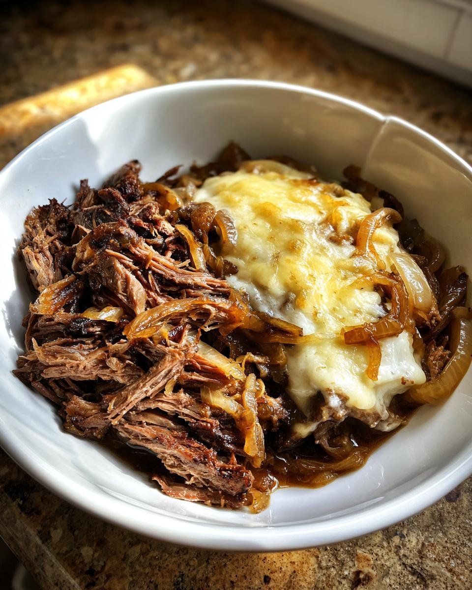 A white bowl filled with shredded beef, caramelized onions, and melted cheese, showcasing the Irresistible Savory French Onion Pot Roast.